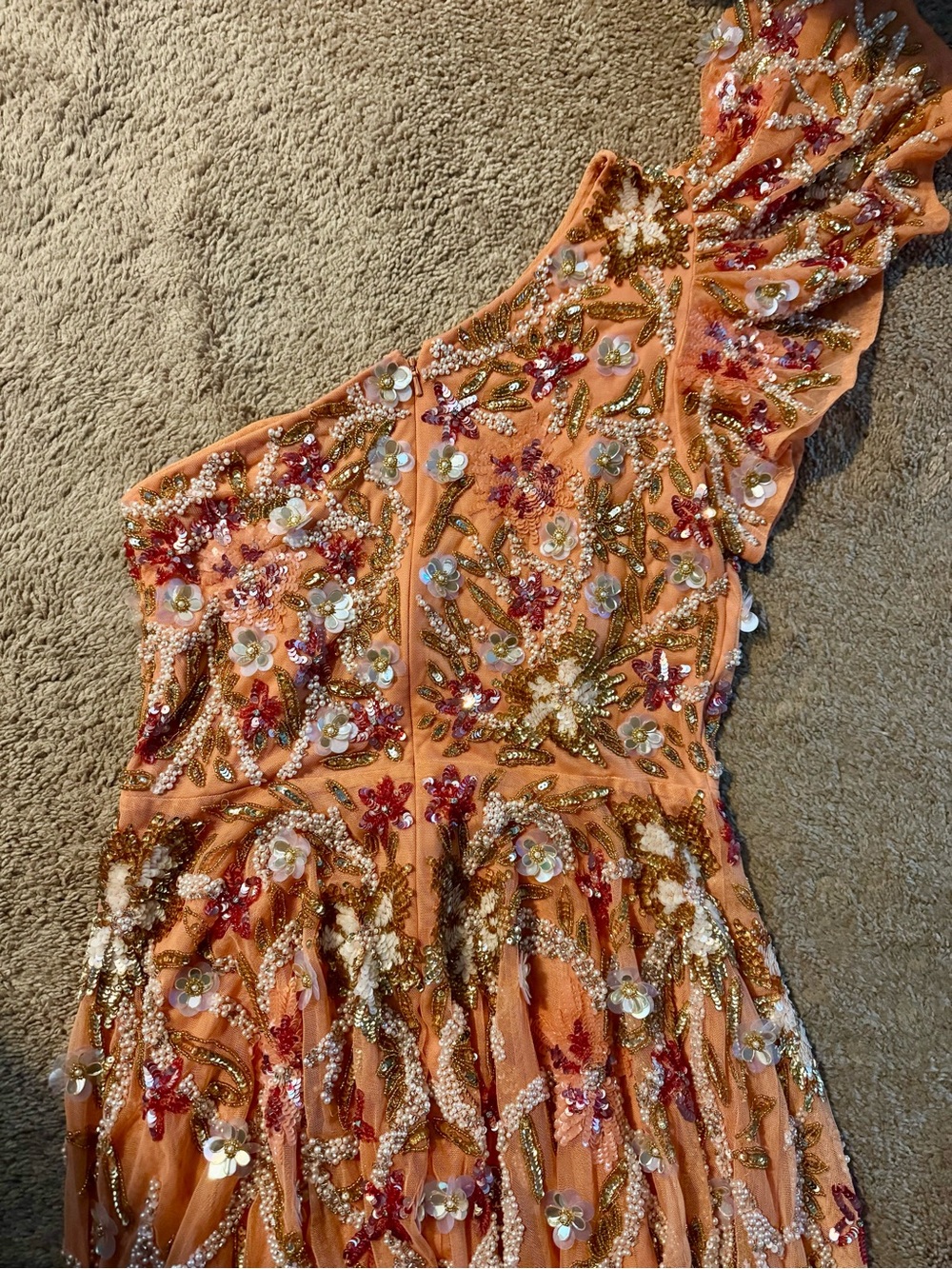 Mac Duggal Orange One-Shoulder Floral Sequin Evening Gown - Picture 5 of 6